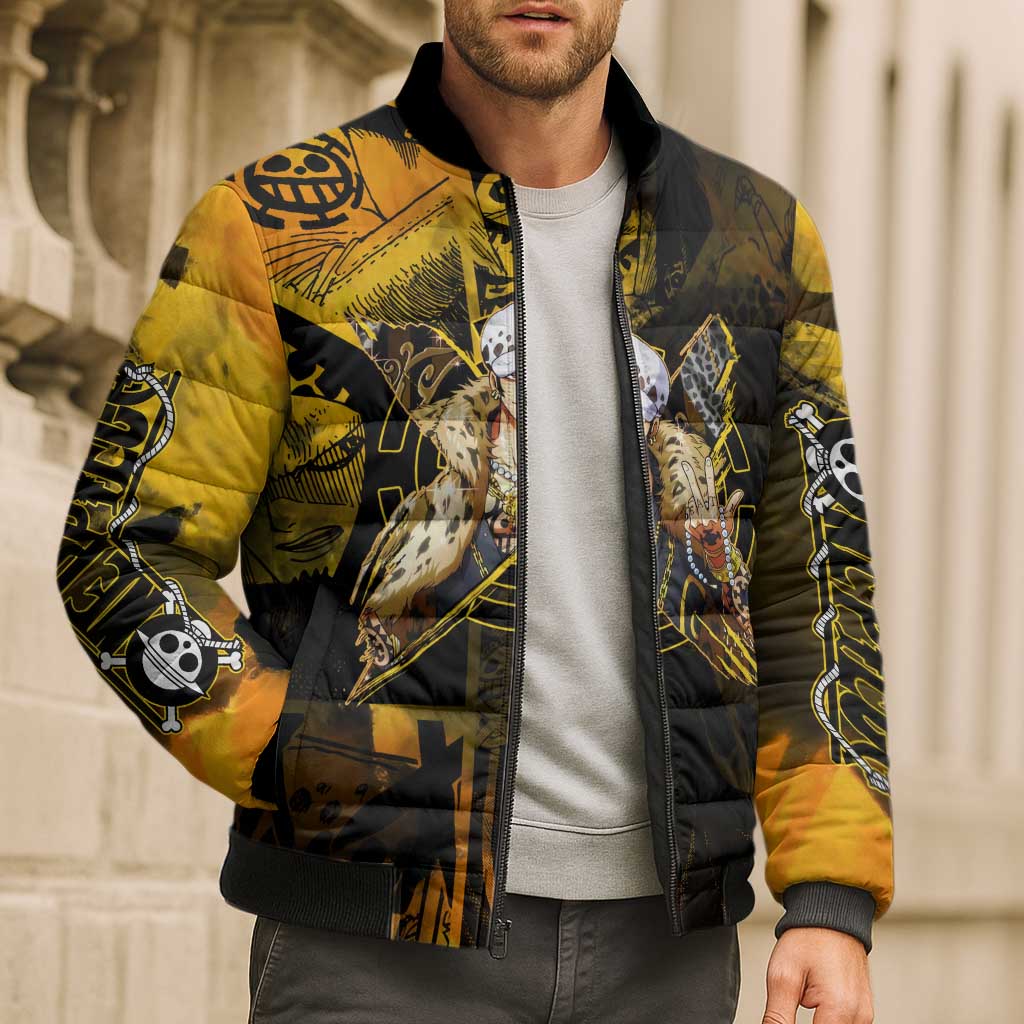 Trafalgar Law One Piece Yellow and Black Theme Bomber Puffer Jacket with Jolly Roger Symbol and Manga Panel Design - The Mazicc