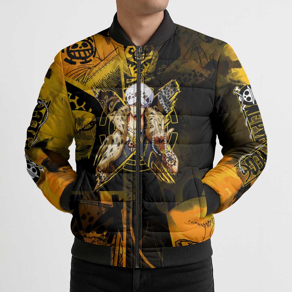 Trafalgar Law One Piece Yellow and Black Theme Bomber Puffer Jacket with Jolly Roger Symbol and Manga Panel Design - The Mazicc