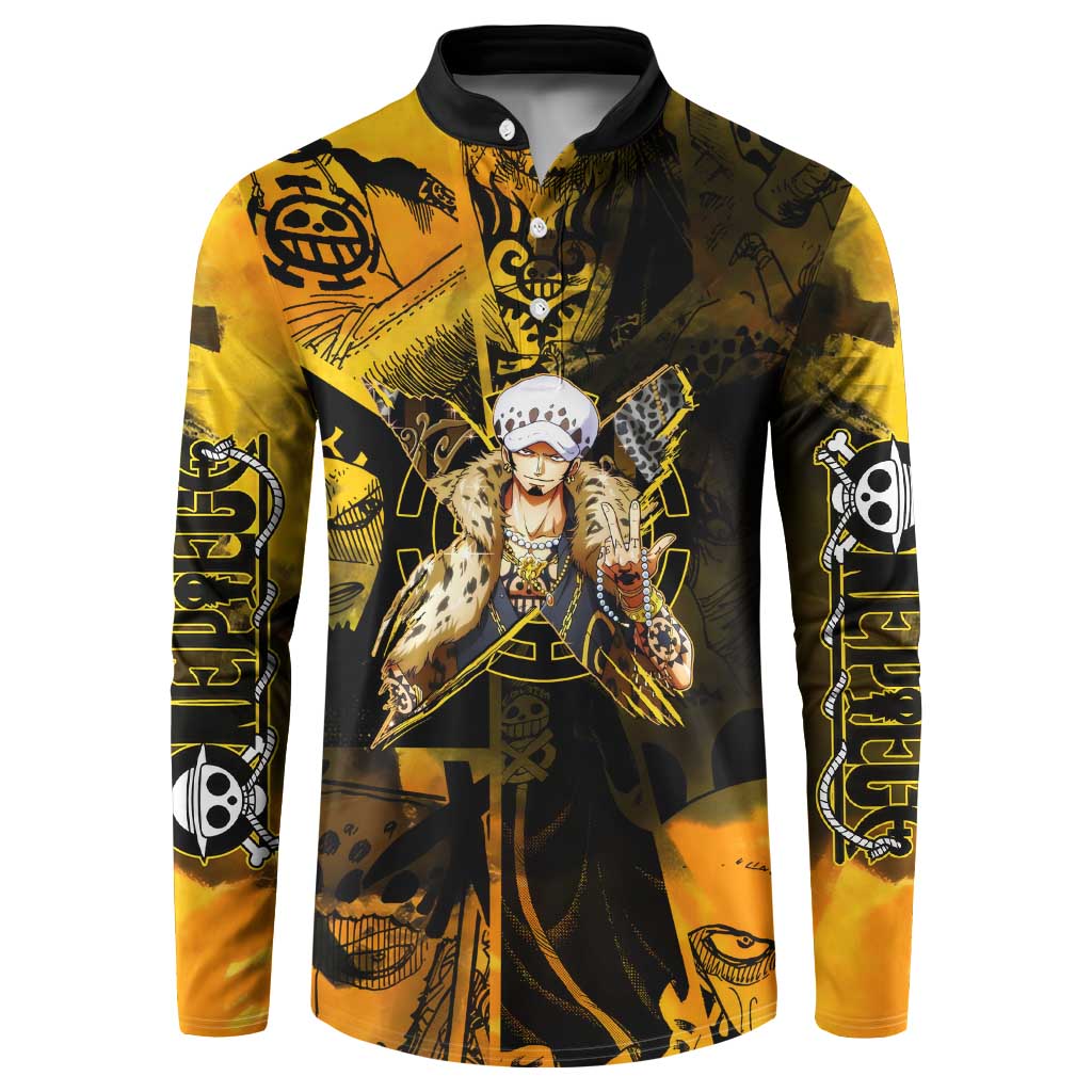 Trafalgar Law One Piece Yellow and Black Theme Button Sweatshirt with Jolly Roger Symbol and Manga Panel Design - The Mazicc