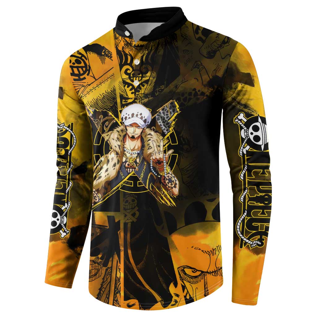 Trafalgar Law One Piece Yellow and Black Theme Button Sweatshirt with Jolly Roger Symbol and Manga Panel Design - The Mazicc