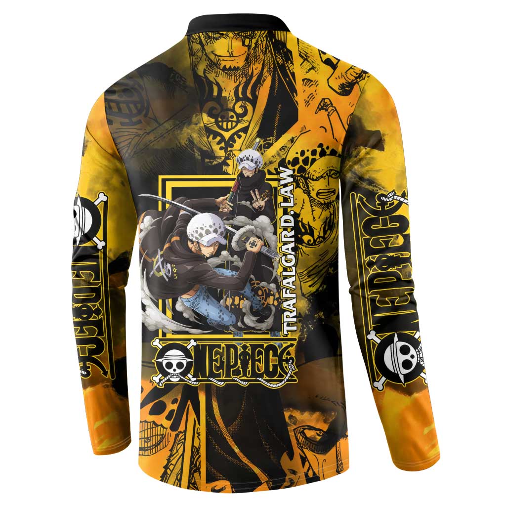 Trafalgar Law One Piece Yellow and Black Theme Button Sweatshirt with Jolly Roger Symbol and Manga Panel Design - The Mazicc