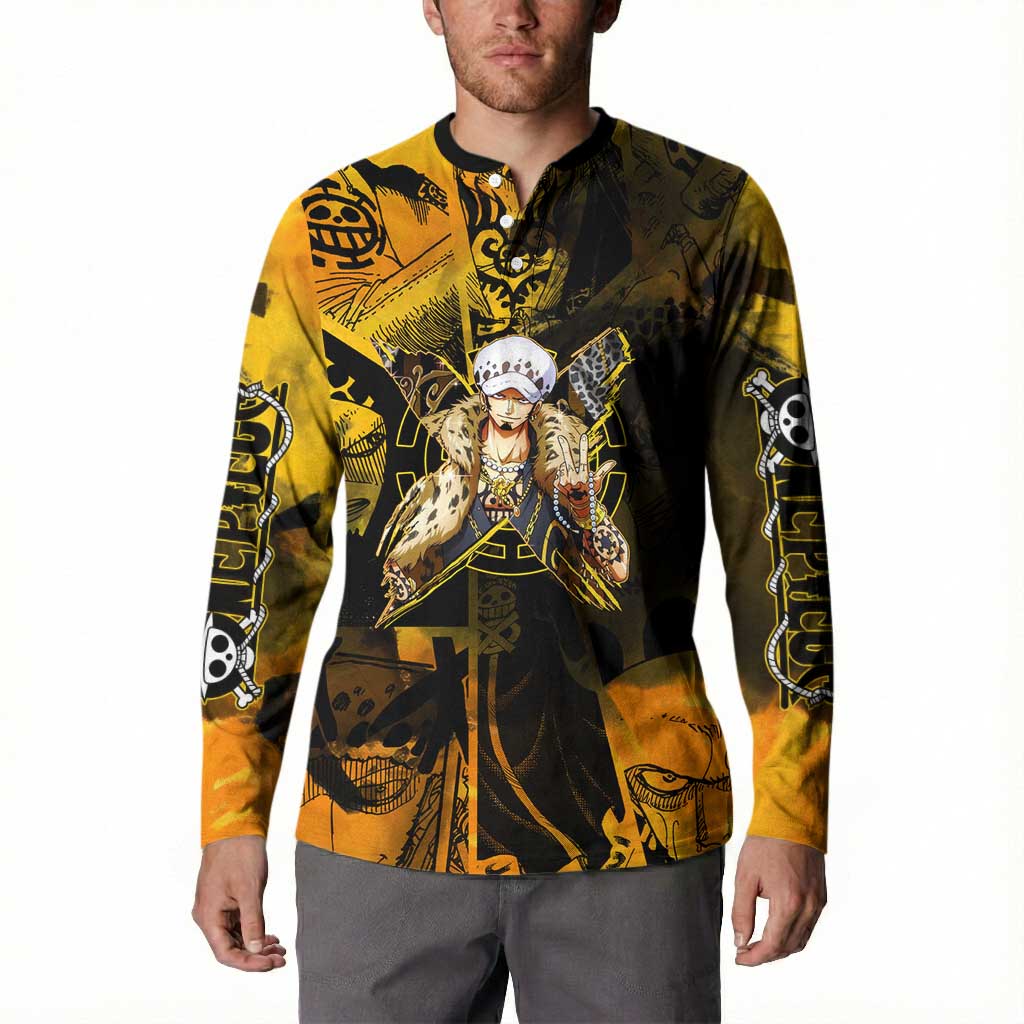 Trafalgar Law One Piece Yellow and Black Theme Button Sweatshirt with Jolly Roger Symbol and Manga Panel Design - The Mazicc
