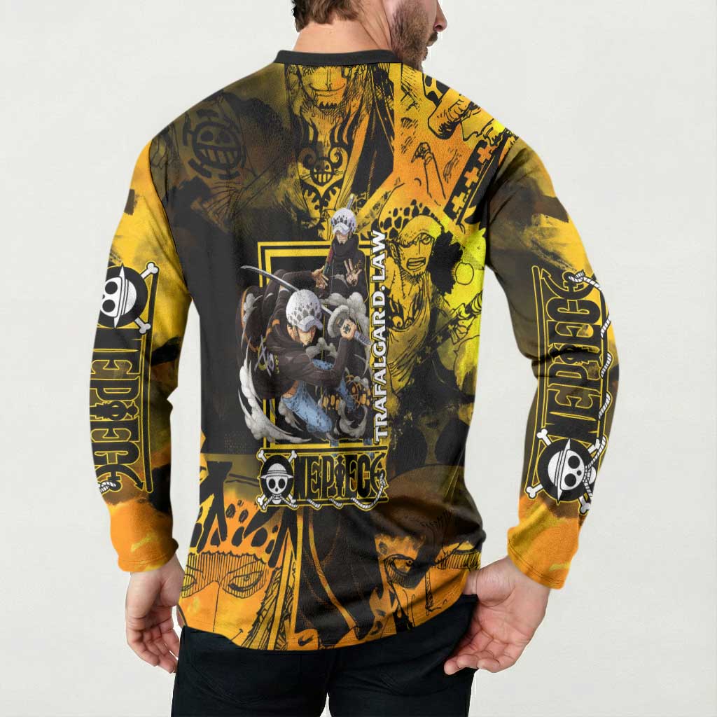 Trafalgar Law One Piece Yellow and Black Theme Button Sweatshirt with Jolly Roger Symbol and Manga Panel Design - The Mazicc