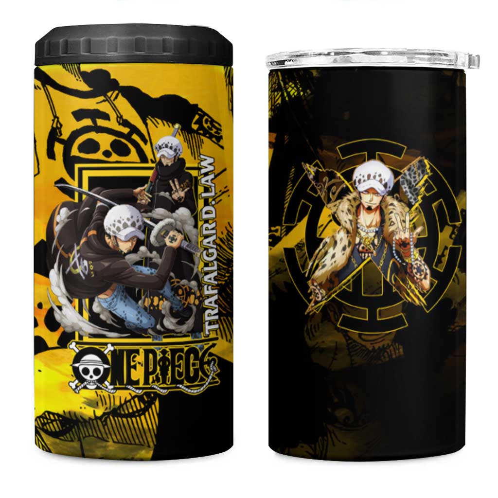 Trafalgar Law One Piece Yellow and Black Theme 4 in 1 Can Cooler Tumbler with Jolly Roger Symbol and Manga Panel Design - The Mazicc
