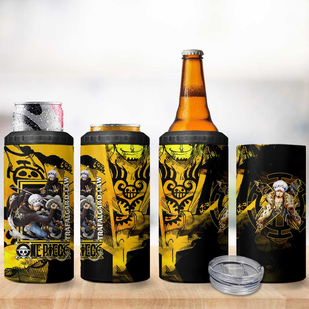 Trafalgar Law One Piece Yellow and Black Theme 4 in 1 Can Cooler Tumbler with Jolly Roger Symbol and Manga Panel Design - The Mazicc