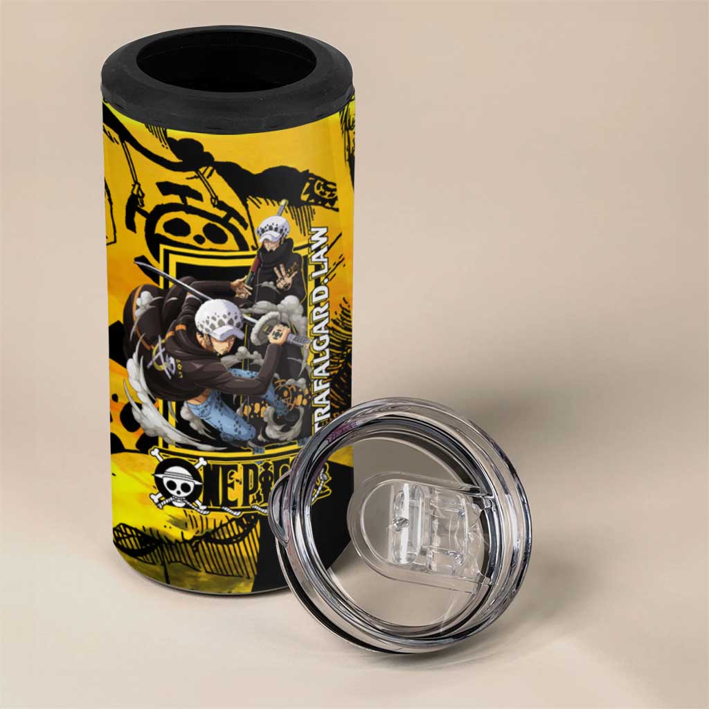 Trafalgar Law One Piece Yellow and Black Theme 4 in 1 Can Cooler Tumbler with Jolly Roger Symbol and Manga Panel Design - The Mazicc