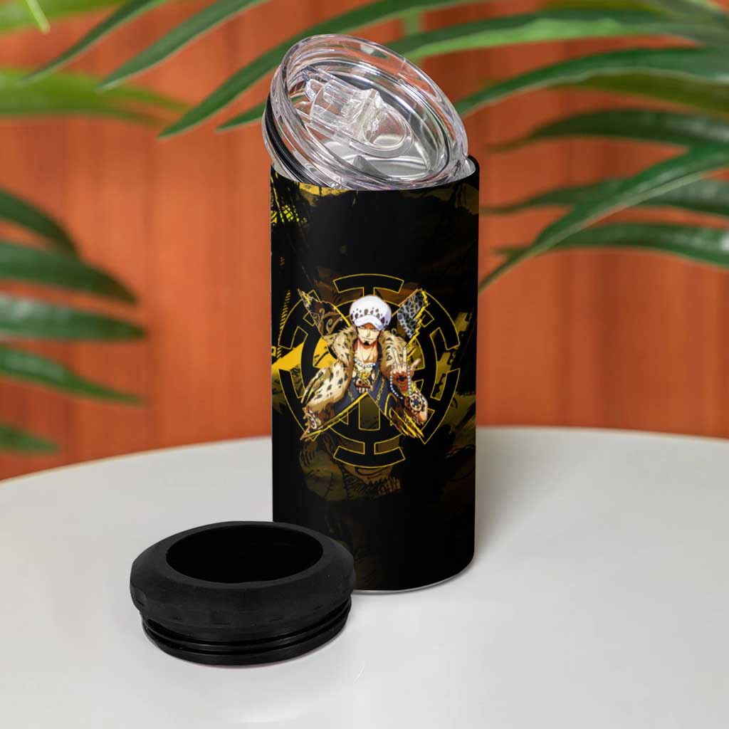 Trafalgar Law One Piece Yellow and Black Theme 4 in 1 Can Cooler Tumbler with Jolly Roger Symbol and Manga Panel Design - The Mazicc