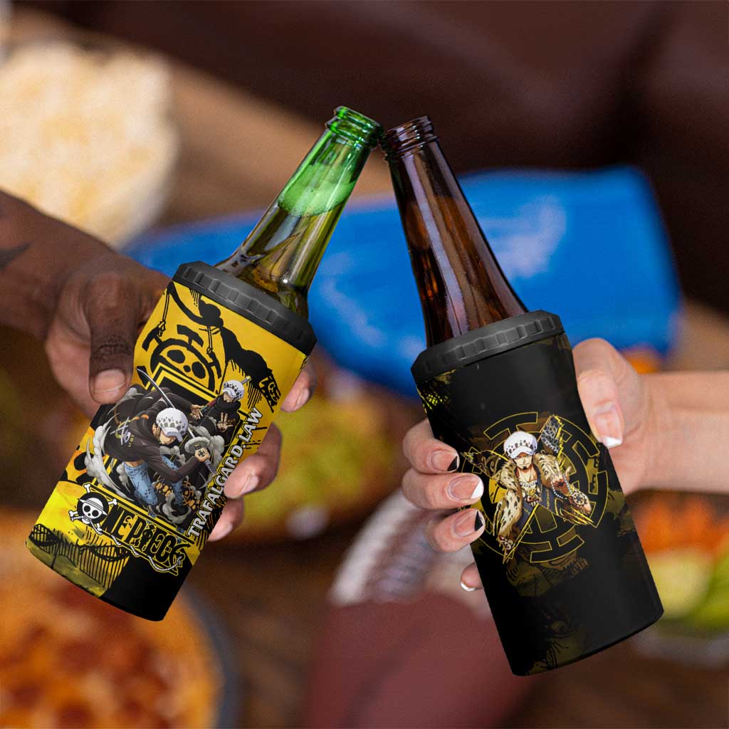 Trafalgar Law One Piece Yellow and Black Theme 4 in 1 Can Cooler Tumbler with Jolly Roger Symbol and Manga Panel Design - The Mazicc
