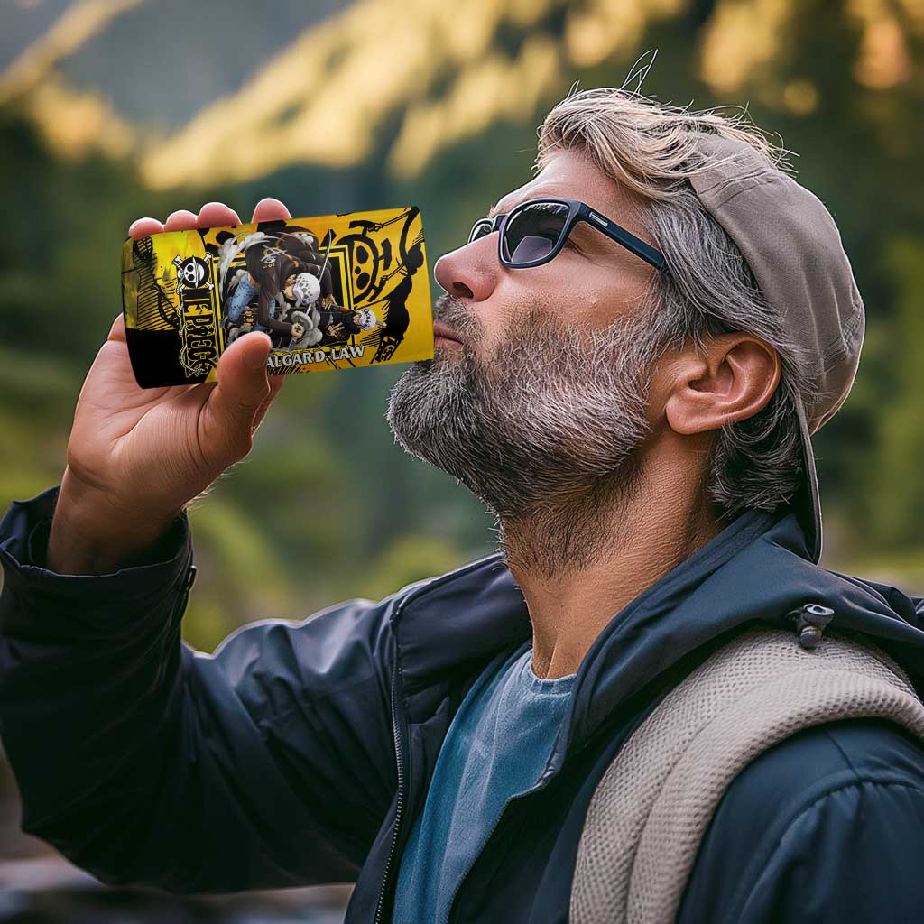 Trafalgar Law One Piece Yellow and Black Theme 4 in 1 Can Cooler Tumbler with Jolly Roger Symbol and Manga Panel Design - The Mazicc