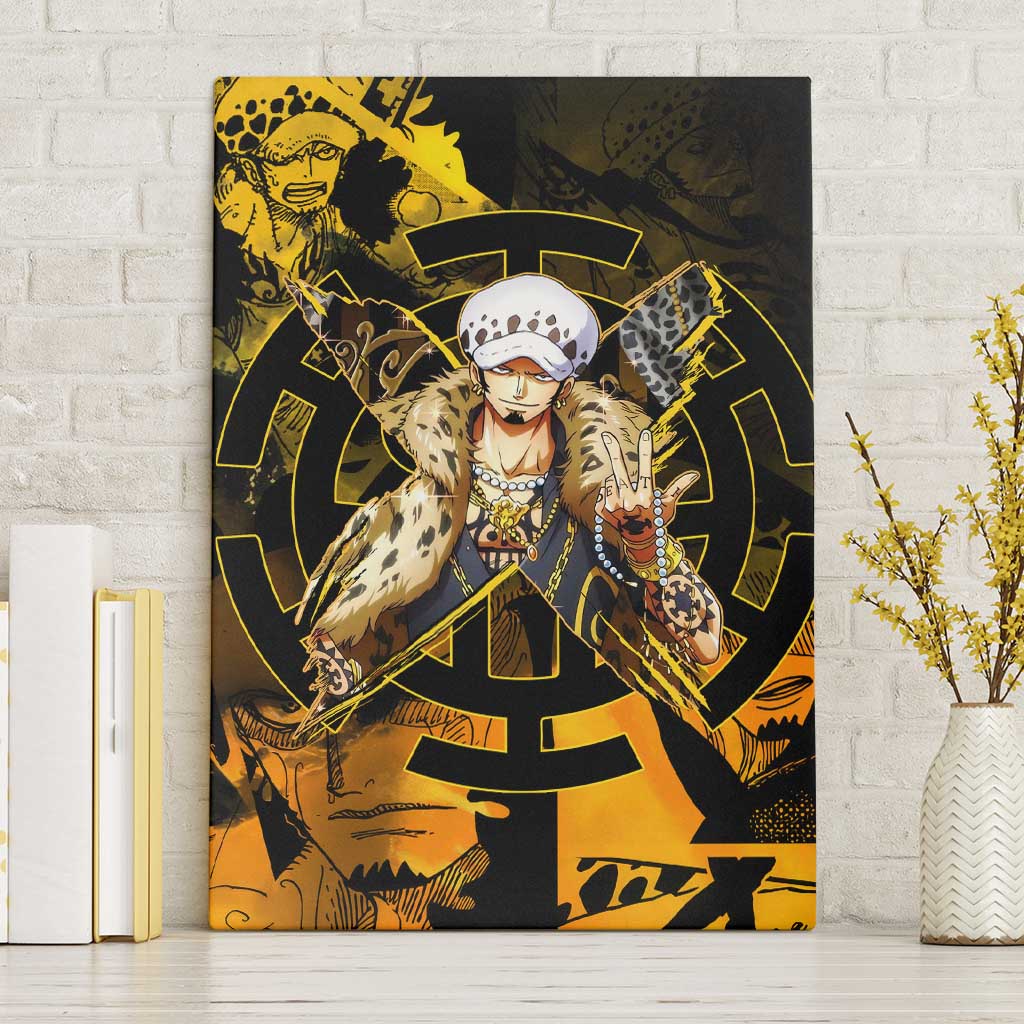 Trafalgar Law One Piece Yellow and Black Theme Canvas Wall Art with Jolly Roger Symbol and Manga Panel Design - The Mazicc