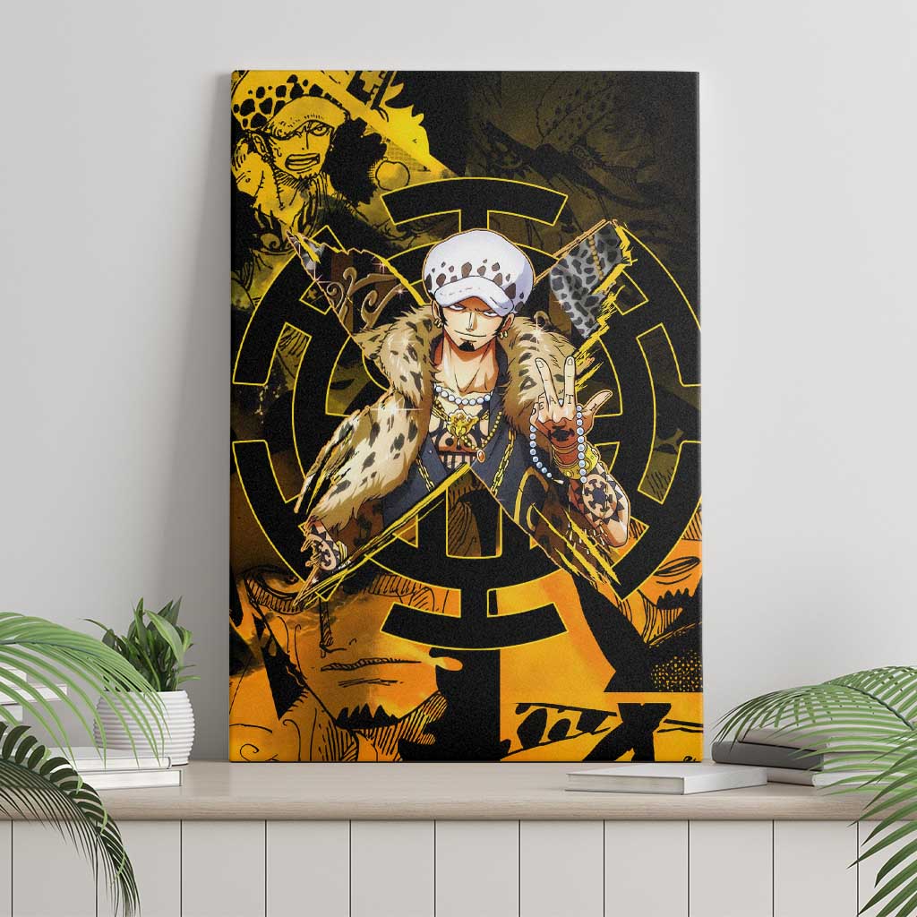 Trafalgar Law One Piece Yellow and Black Theme Canvas Wall Art with Jolly Roger Symbol and Manga Panel Design - The Mazicc