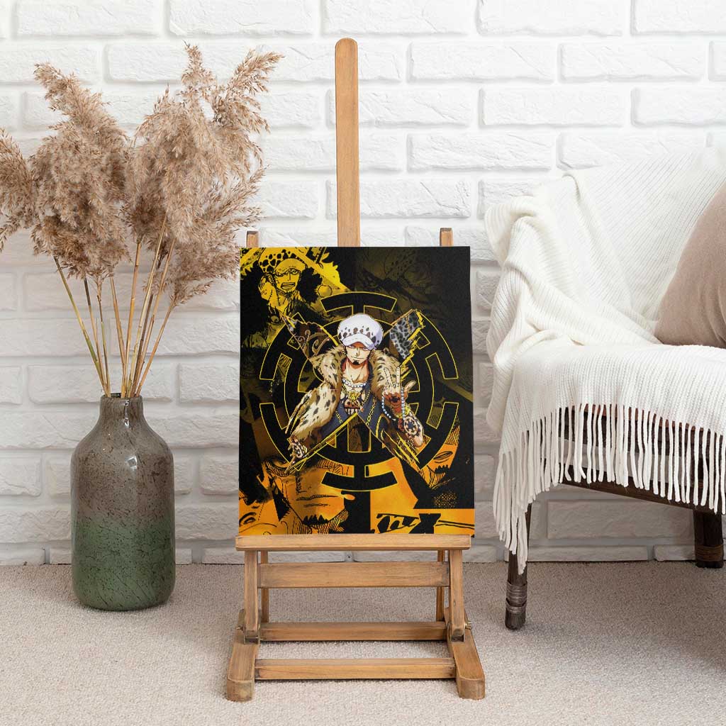 Trafalgar Law One Piece Yellow and Black Theme Canvas Wall Art with Jolly Roger Symbol and Manga Panel Design - The Mazicc