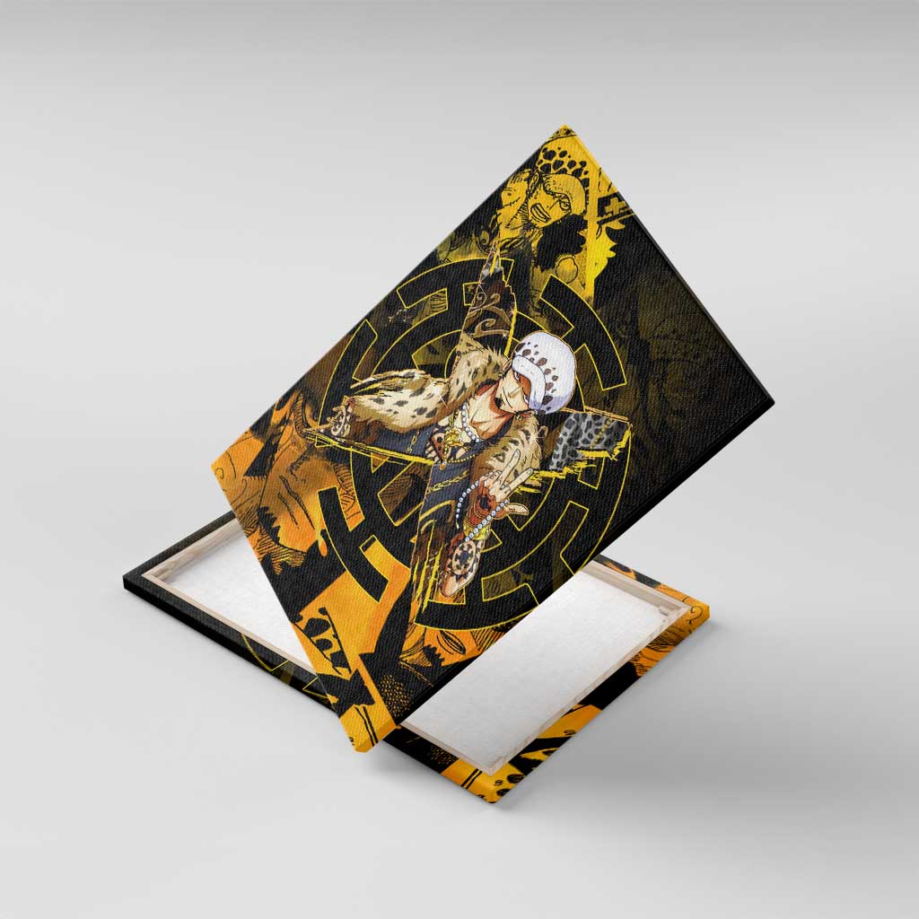 Trafalgar Law One Piece Yellow and Black Theme Canvas Wall Art with Jolly Roger Symbol and Manga Panel Design - The Mazicc