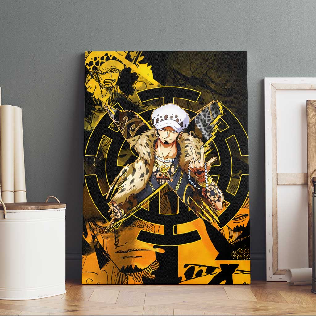 Trafalgar Law One Piece Yellow and Black Theme Canvas Wall Art with Jolly Roger Symbol and Manga Panel Design - The Mazicc