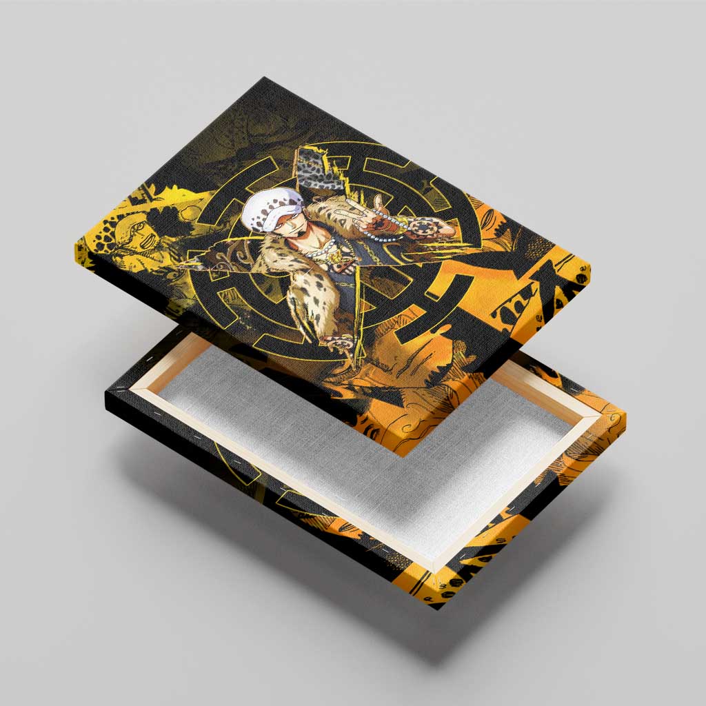 Trafalgar Law One Piece Yellow and Black Theme Canvas Wall Art with Jolly Roger Symbol and Manga Panel Design - The Mazicc