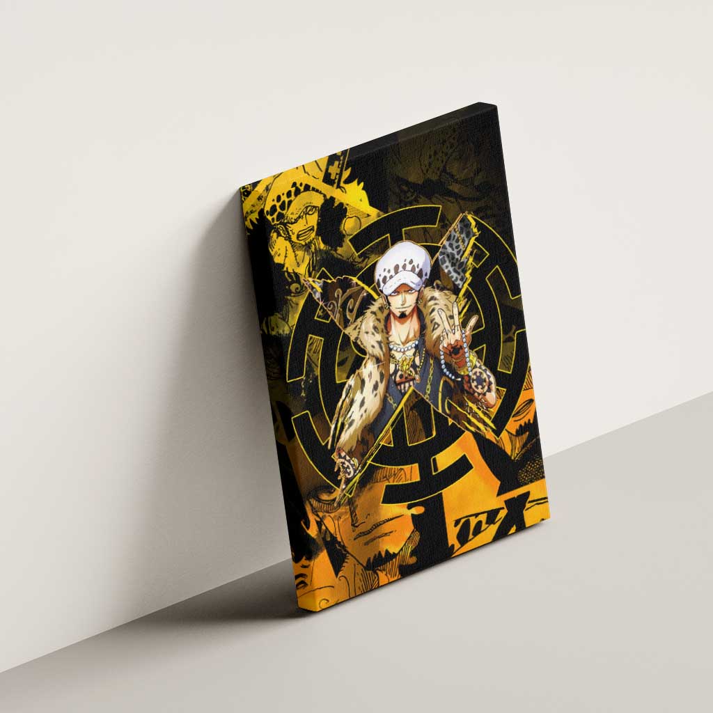 Trafalgar Law One Piece Yellow and Black Theme Canvas Wall Art with Jolly Roger Symbol and Manga Panel Design - The Mazicc