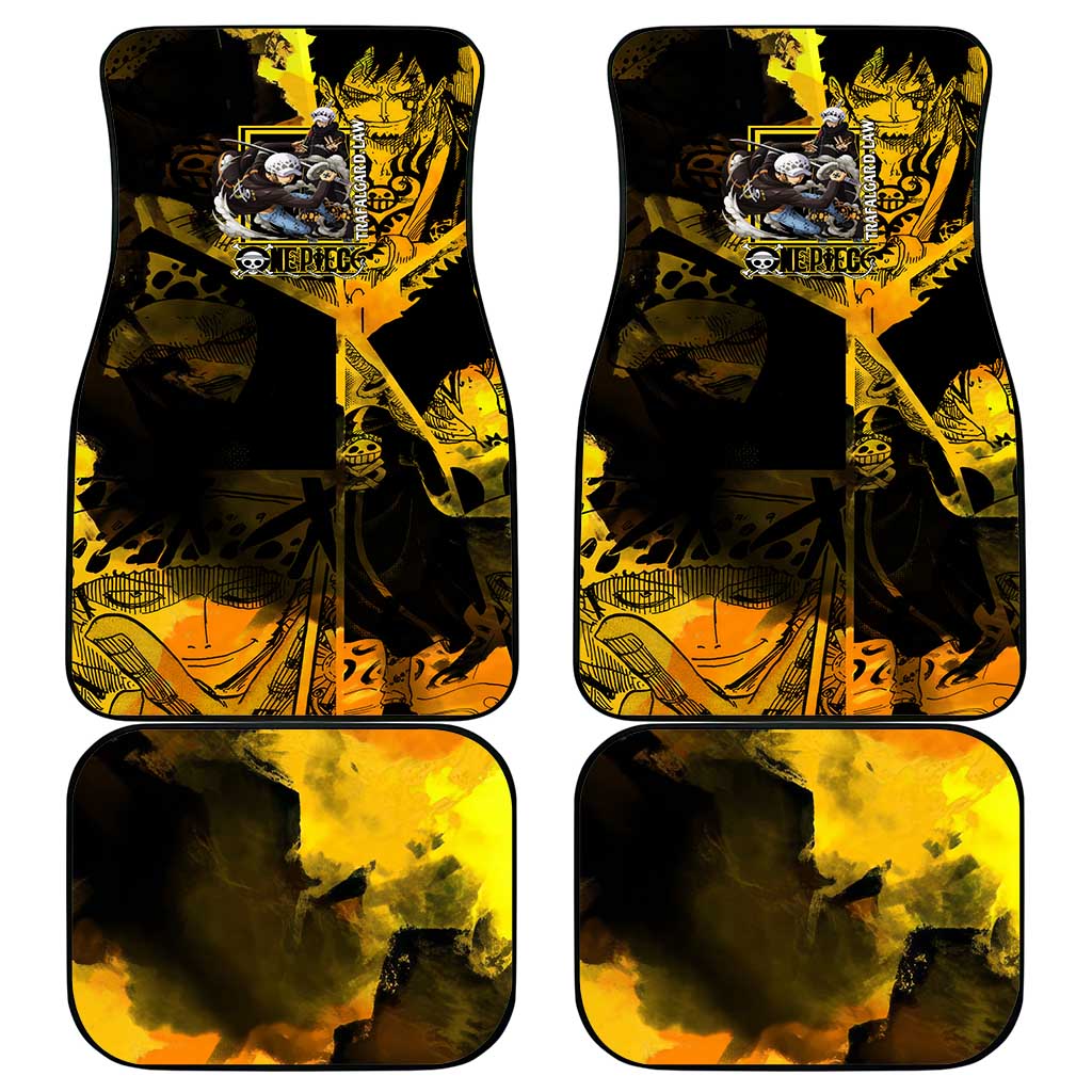 Trafalgar Law One Piece Yellow and Black Theme Car Mats with Jolly Roger Symbol and Manga Panel Design - The Mazicc