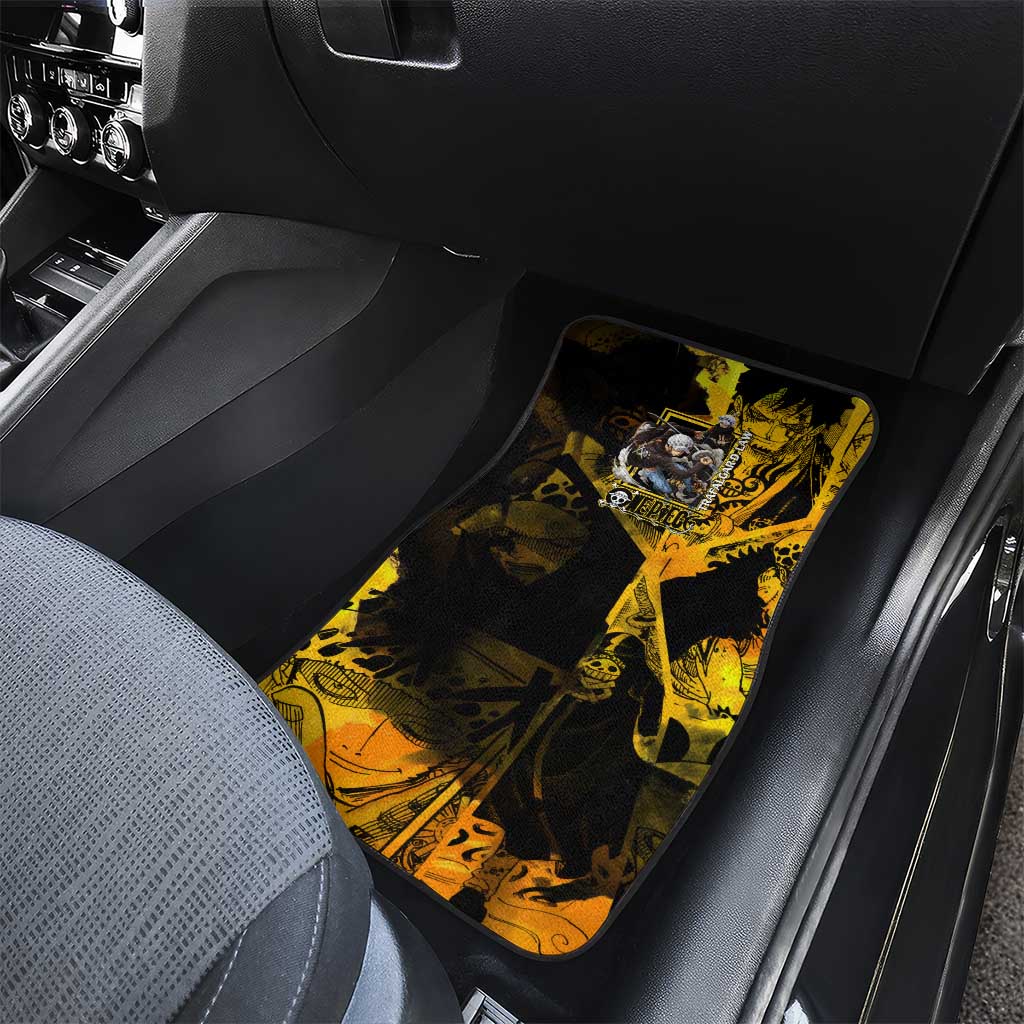 Trafalgar Law One Piece Yellow and Black Theme Car Mats with Jolly Roger Symbol and Manga Panel Design - The Mazicc