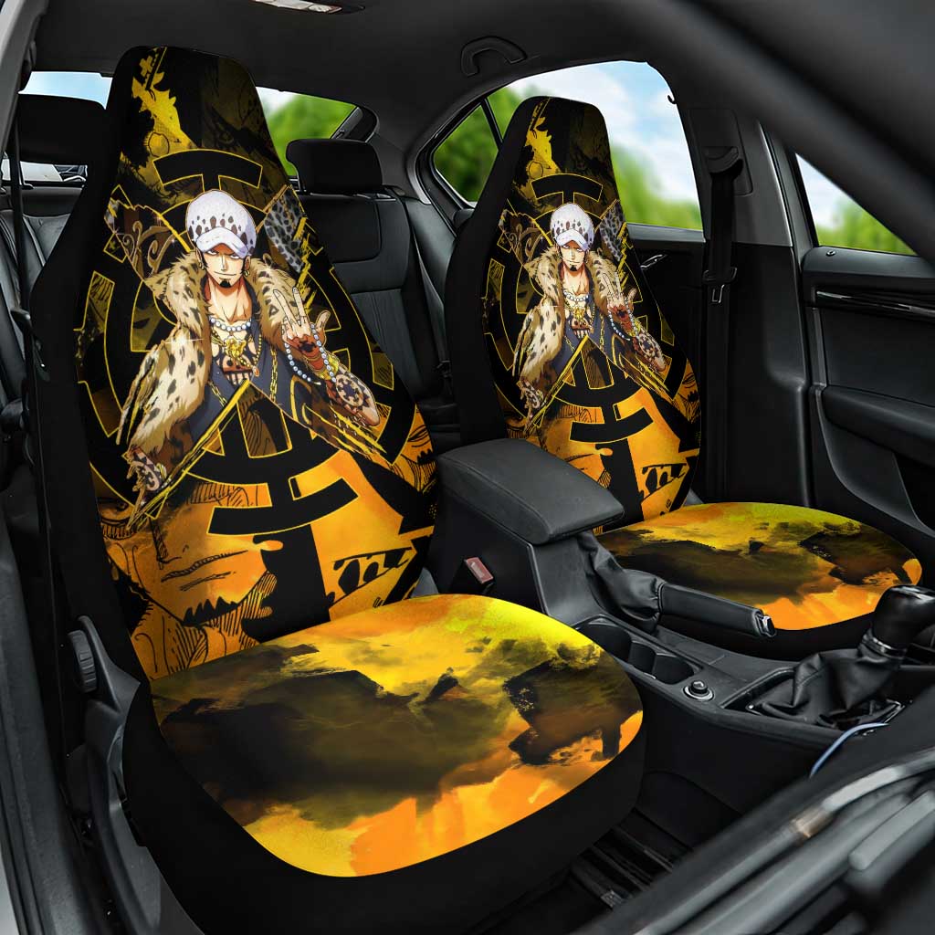 Trafalgar Law One Piece Yellow and Black Theme Car Seat Cover with Jolly Roger Symbol and Manga Panel Design - The Mazicc