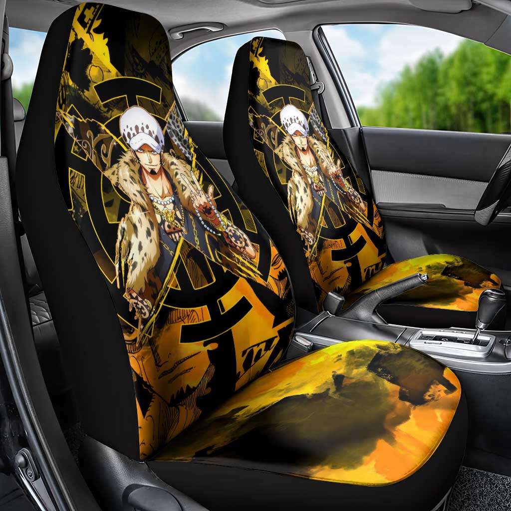 Trafalgar Law One Piece Yellow and Black Theme Car Seat Cover with Jolly Roger Symbol and Manga Panel Design - The Mazicc