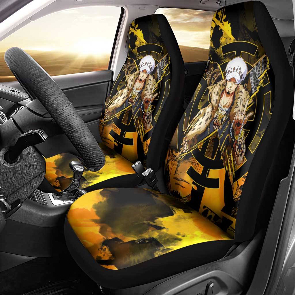 Trafalgar Law One Piece Yellow and Black Theme Car Seat Cover with Jolly Roger Symbol and Manga Panel Design - The Mazicc
