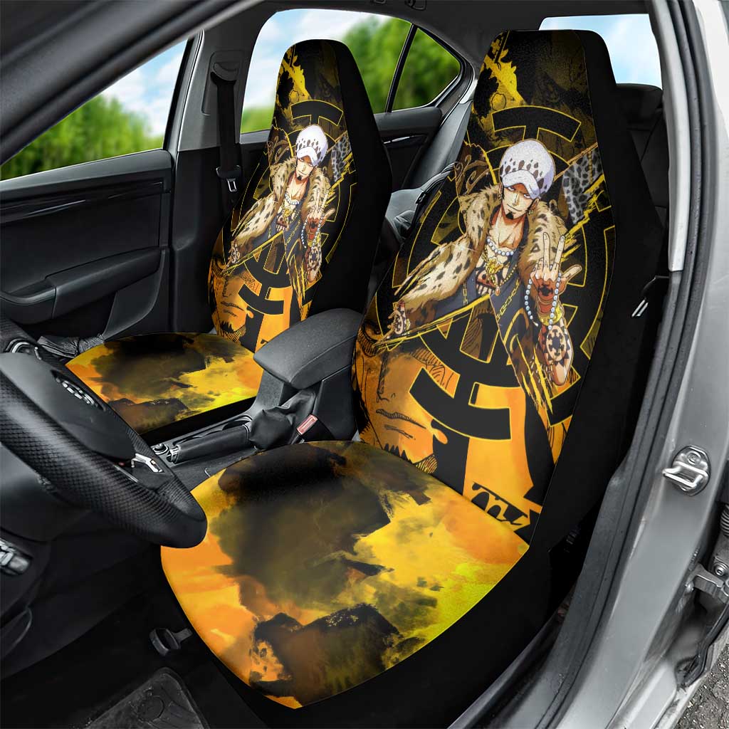 Trafalgar Law One Piece Yellow and Black Theme Car Seat Cover with Jolly Roger Symbol and Manga Panel Design - The Mazicc