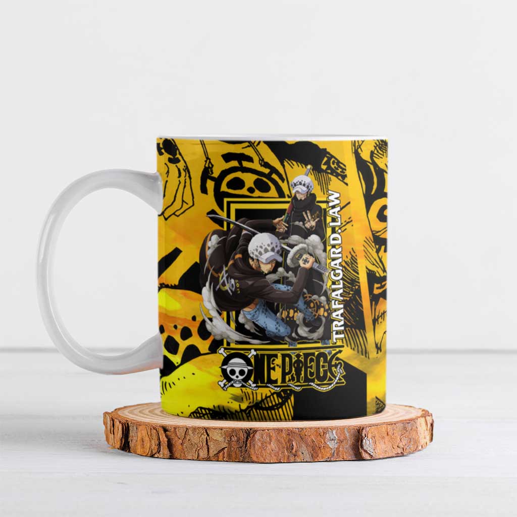 Trafalgar Law One Piece Yellow and Black Theme Ceramic Mug with Jolly Roger Symbol and Manga Panel Design - The Mazicc