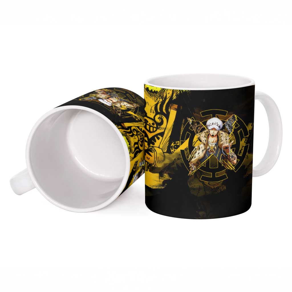 Trafalgar Law One Piece Yellow and Black Theme Ceramic Mug with Jolly Roger Symbol and Manga Panel Design - The Mazicc