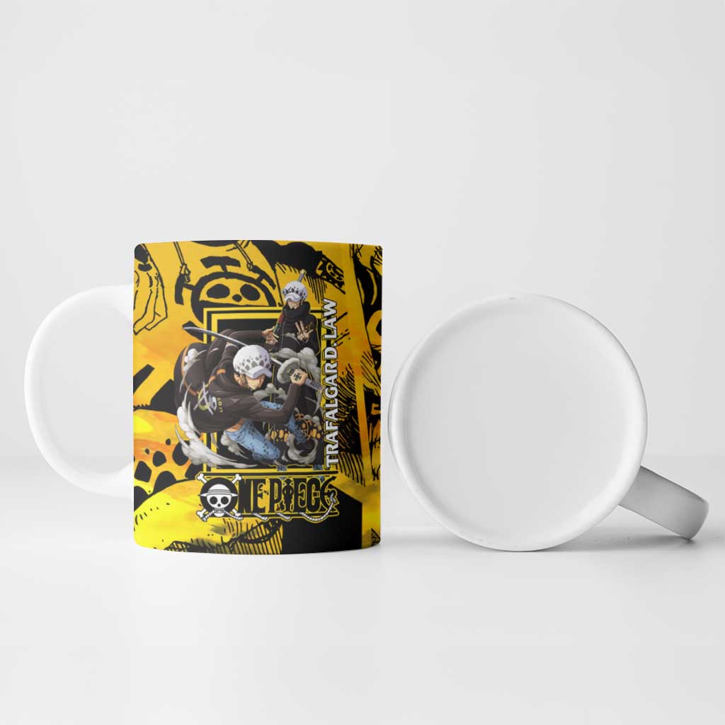 Trafalgar Law One Piece Yellow and Black Theme Ceramic Mug with Jolly Roger Symbol and Manga Panel Design - The Mazicc