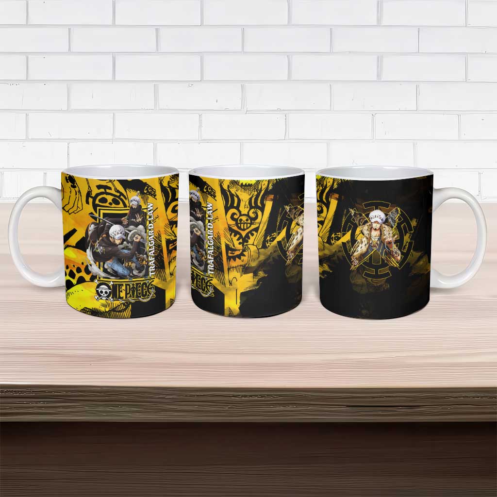 Trafalgar Law One Piece Yellow and Black Theme Ceramic Mug with Jolly Roger Symbol and Manga Panel Design - The Mazicc