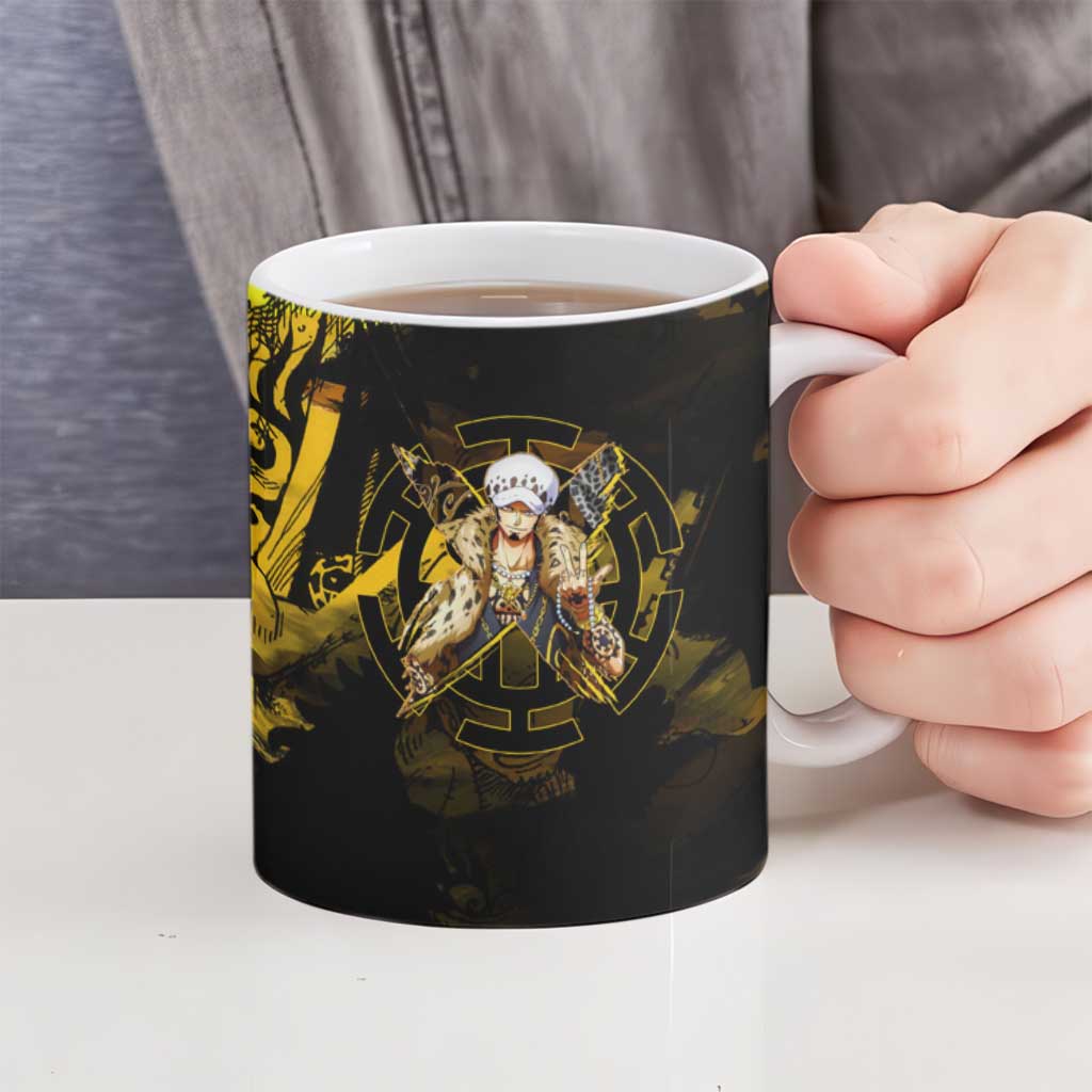 Trafalgar Law One Piece Yellow and Black Theme Ceramic Mug with Jolly Roger Symbol and Manga Panel Design - The Mazicc