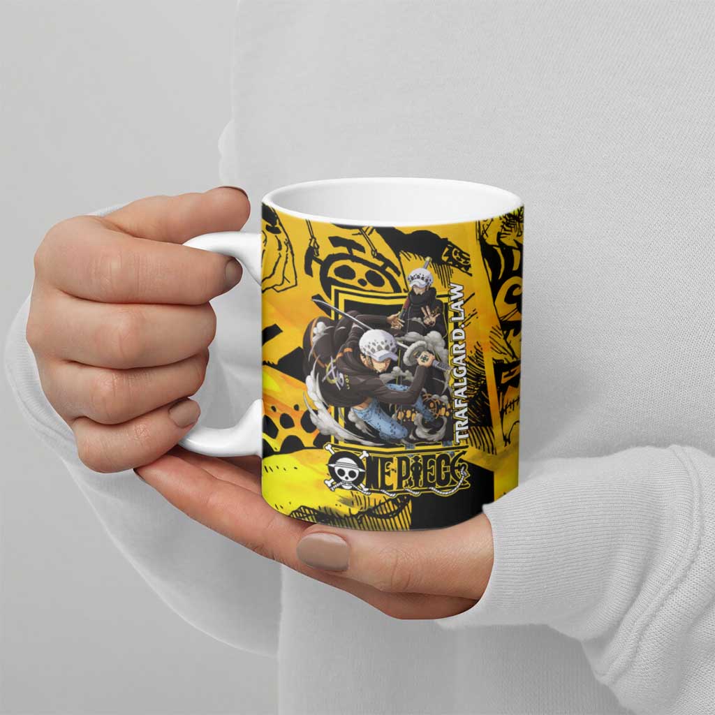 Trafalgar Law One Piece Yellow and Black Theme Ceramic Mug with Jolly Roger Symbol and Manga Panel Design - The Mazicc