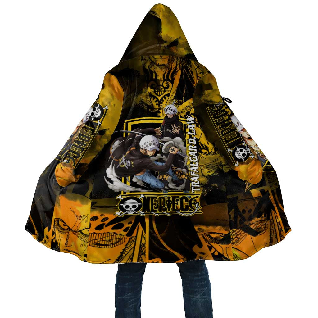 Trafalgar Law One Piece Yellow and Black Theme Cloak with Jolly Roger Symbol and Manga Panel Design - The Mazicc