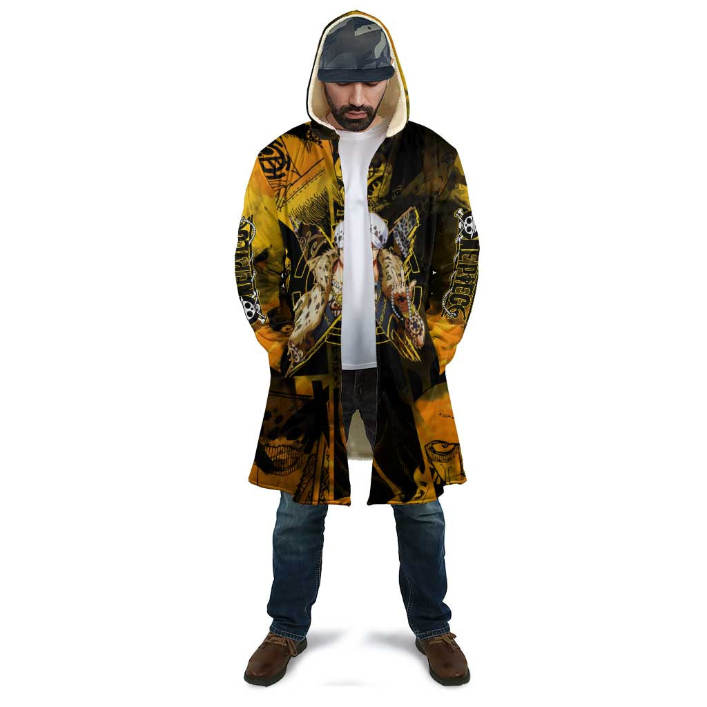 Trafalgar Law One Piece Yellow and Black Theme Cloak with Jolly Roger Symbol and Manga Panel Design - The Mazicc