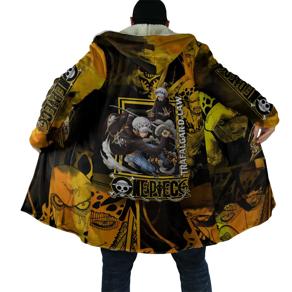 Trafalgar Law One Piece Yellow and Black Theme Cloak with Jolly Roger Symbol and Manga Panel Design - The Mazicc