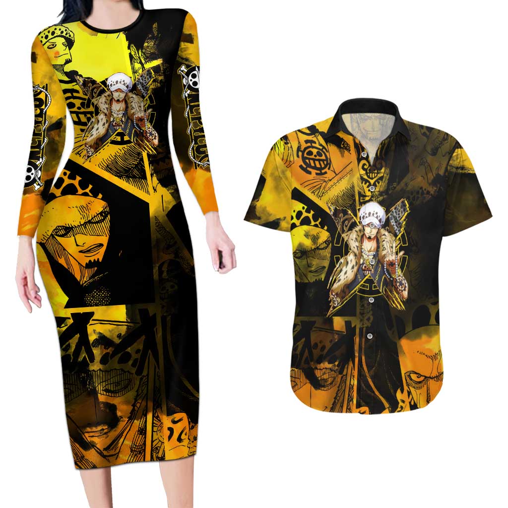 Trafalgar Law One Piece Yellow and Black Theme Couples Matching Long Sleeve Bodycon Dress and Hawaiian Shirt with Jolly Roger Symbol and Manga Panel Design - The Mazicc