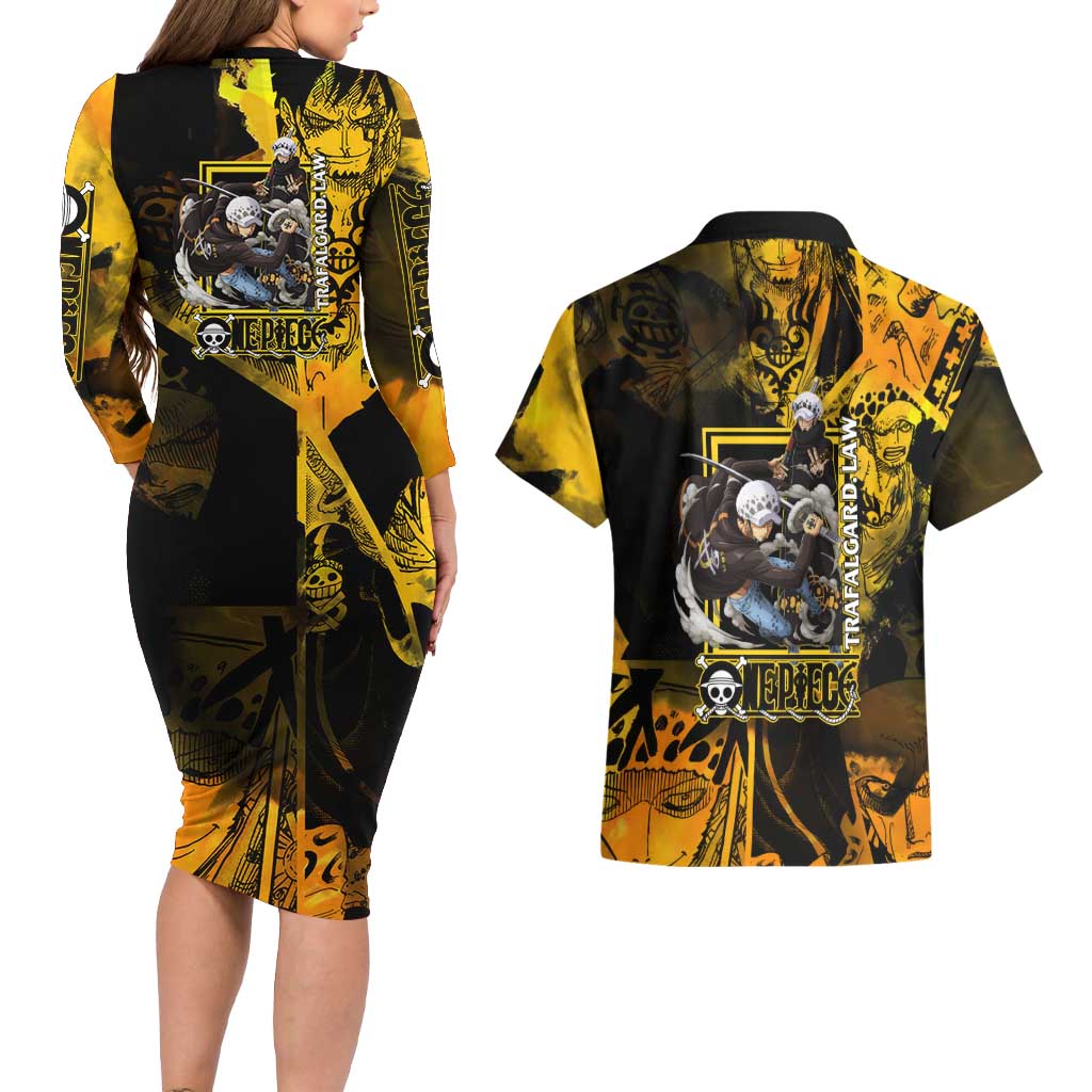 Trafalgar Law One Piece Yellow and Black Theme Couples Matching Long Sleeve Bodycon Dress and Hawaiian Shirt with Jolly Roger Symbol and Manga Panel Design - The Mazicc