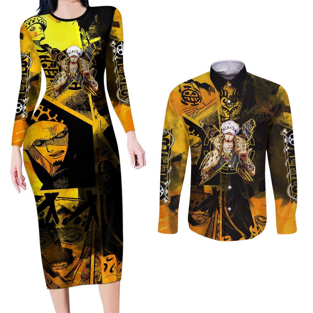 Trafalgar Law One Piece Yellow and Black Theme Couples Matching Long Sleeve Bodycon Dress and Long Sleeve Button Shirt with Jolly Roger Symbol and Manga Panel Design - The Mazicc