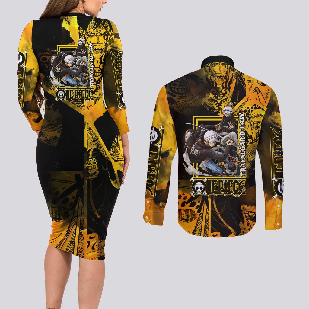 Trafalgar Law One Piece Yellow and Black Theme Couples Matching Long Sleeve Bodycon Dress and Long Sleeve Button Shirt with Jolly Roger Symbol and Manga Panel Design - The Mazicc