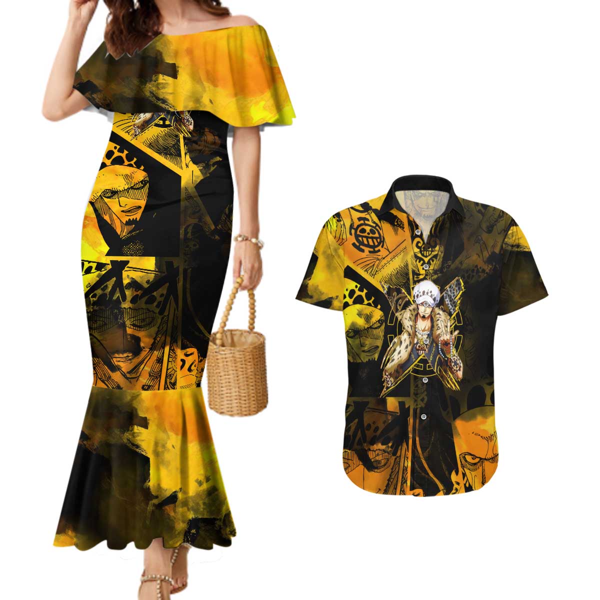 Trafalgar Law One Piece Yellow and Black Theme Couples Matching Mermaid Dress and Hawaiian Shirt with Jolly Roger Symbol and Manga Panel Design - The Mazicc