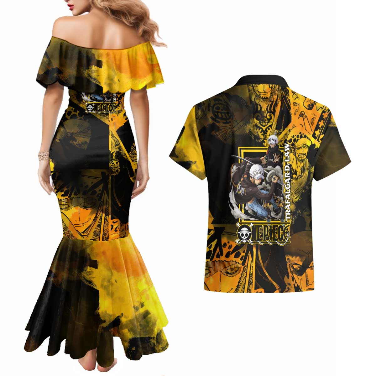 Trafalgar Law One Piece Yellow and Black Theme Couples Matching Mermaid Dress and Hawaiian Shirt with Jolly Roger Symbol and Manga Panel Design - The Mazicc