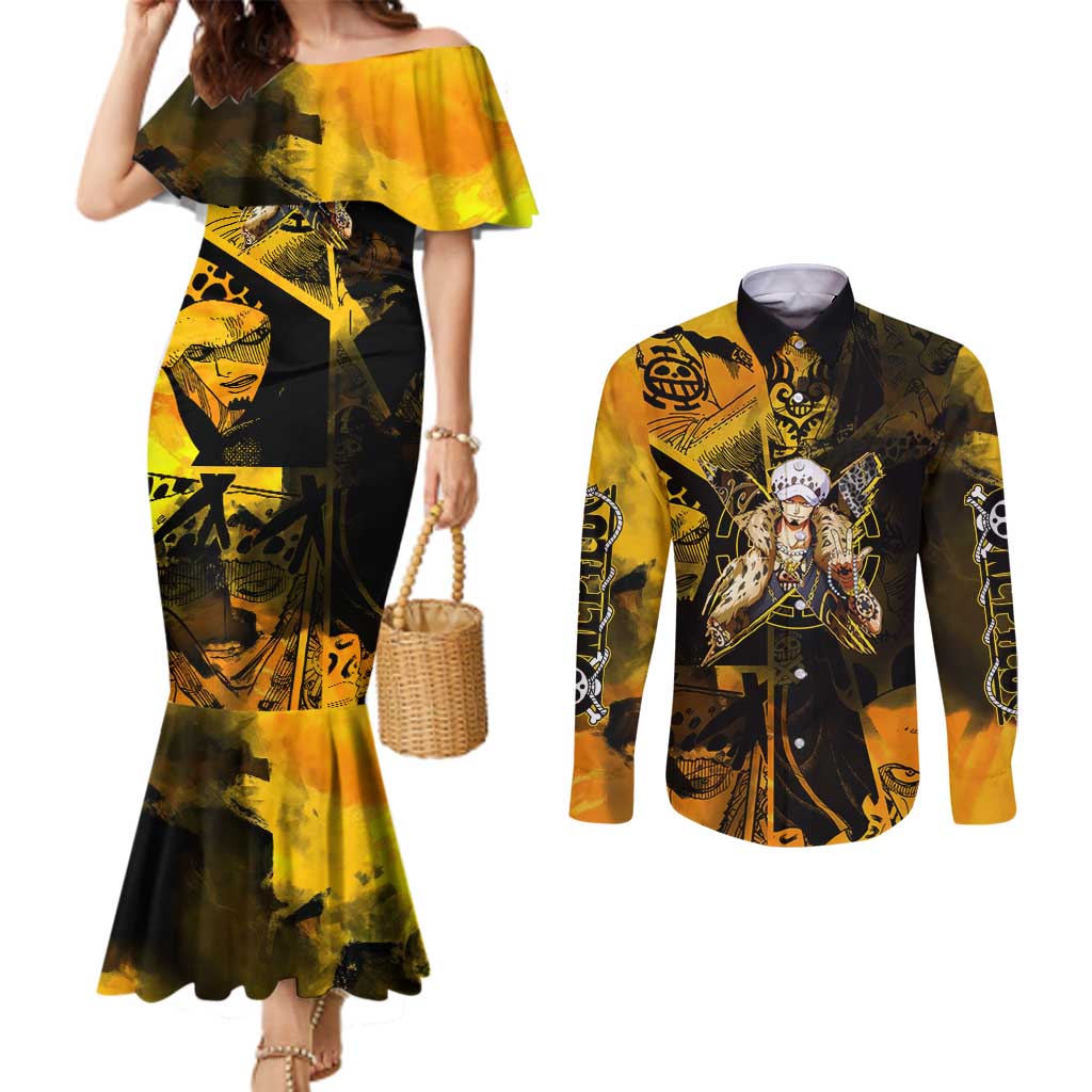 Trafalgar Law One Piece Yellow and Black Theme Couples Matching Mermaid Dress and Long Sleeve Button Shirt with Jolly Roger Symbol and Manga Panel Design - The Mazicc