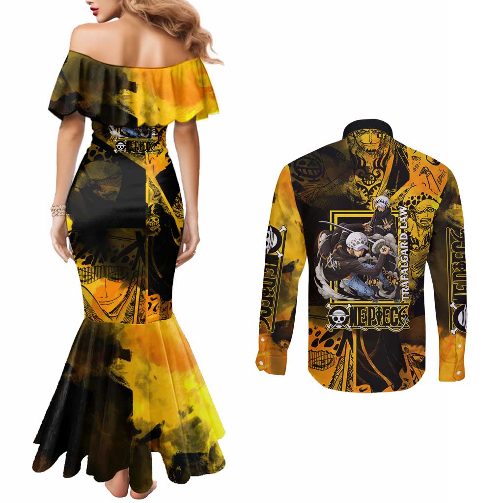 Trafalgar Law One Piece Yellow and Black Theme Couples Matching Mermaid Dress and Long Sleeve Button Shirt with Jolly Roger Symbol and Manga Panel Design - The Mazicc