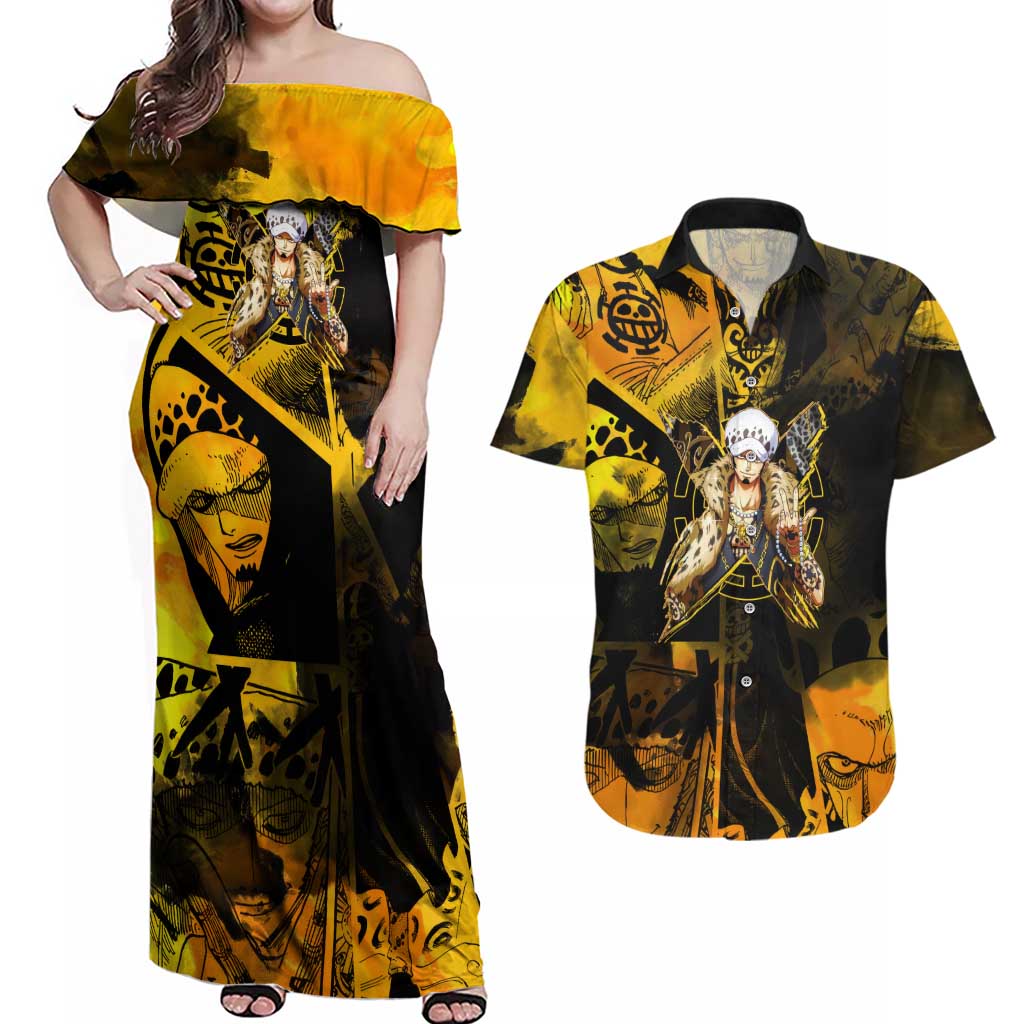 Trafalgar Law One Piece Yellow and Black Theme Couples Matching Off Shoulder Maxi Dress and Hawaiian Shirt with Jolly Roger Symbol and Manga Panel Design - The Mazicc
