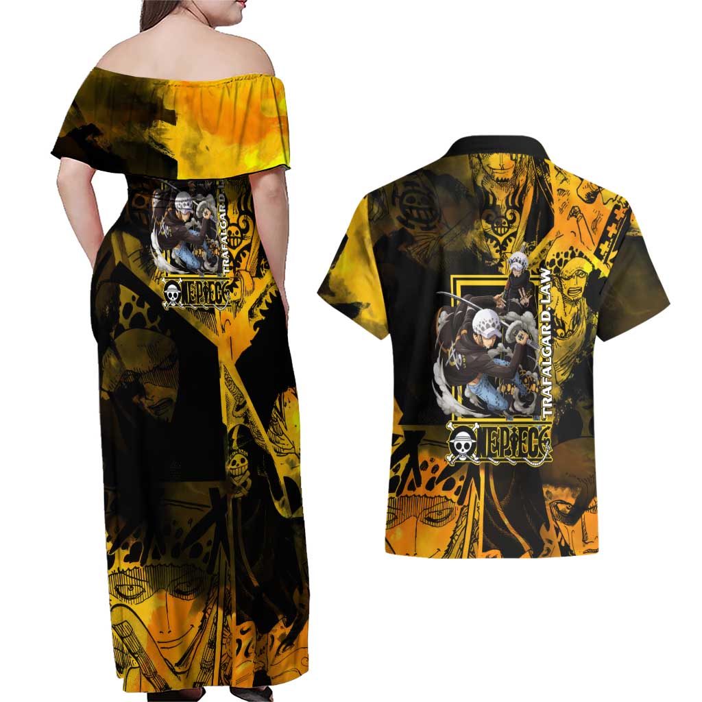Trafalgar Law One Piece Yellow and Black Theme Couples Matching Off Shoulder Maxi Dress and Hawaiian Shirt with Jolly Roger Symbol and Manga Panel Design - The Mazicc