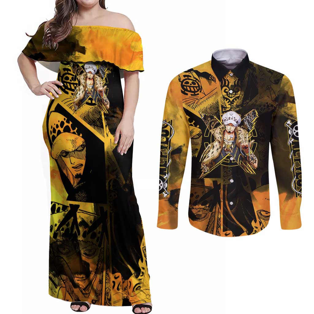 Trafalgar Law One Piece Yellow and Black Theme Couples Matching Off Shoulder Maxi Dress and Long Sleeve Button Shirt with Jolly Roger Symbol and Manga Panel Design - The Mazicc