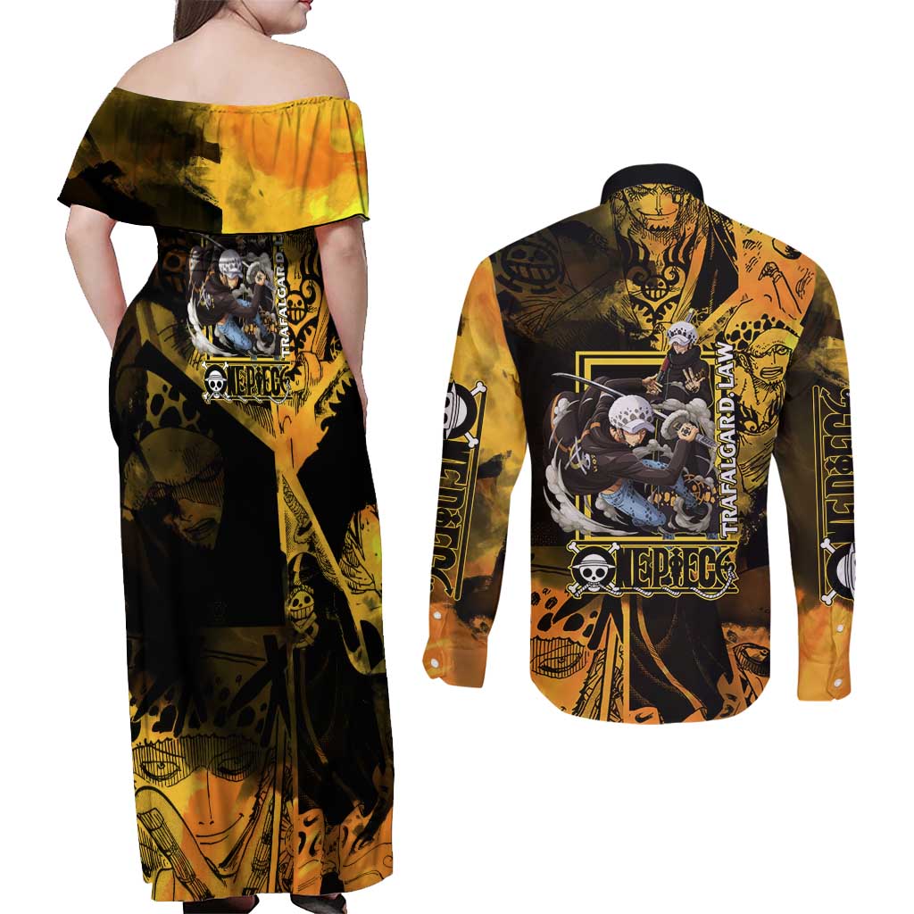 Trafalgar Law One Piece Yellow and Black Theme Couples Matching Off Shoulder Maxi Dress and Long Sleeve Button Shirt with Jolly Roger Symbol and Manga Panel Design - The Mazicc