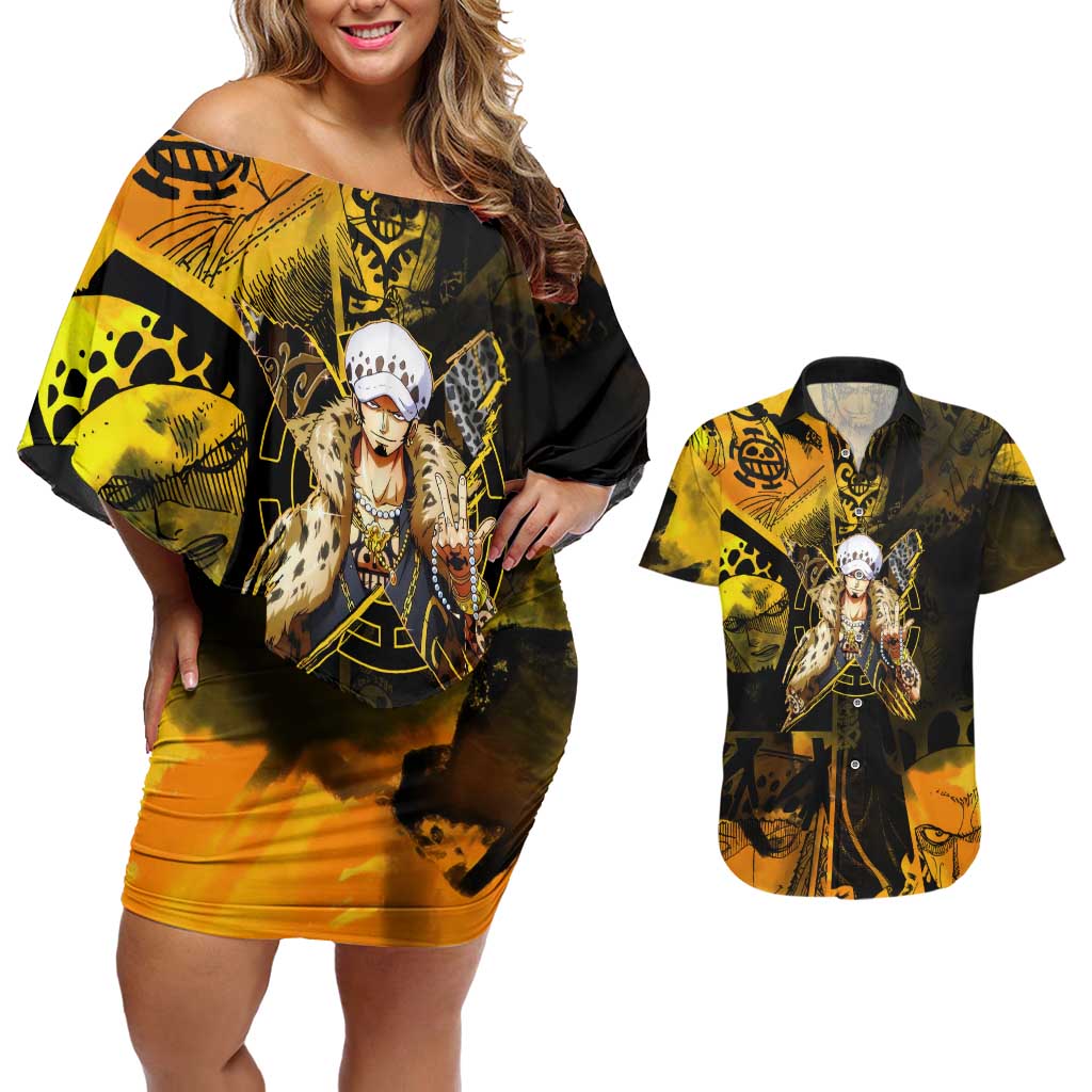 Trafalgar Law One Piece Yellow and Black Theme Couples Matching Off Shoulder Short Dress and Hawaiian Shirt with Jolly Roger Symbol and Manga Panel Design - The Mazicc