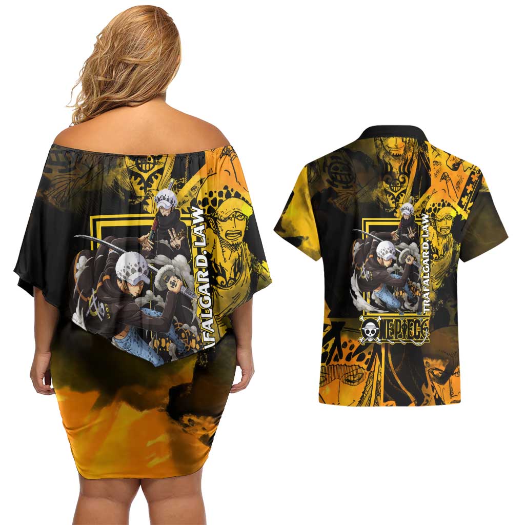 Trafalgar Law One Piece Yellow and Black Theme Couples Matching Off Shoulder Short Dress and Hawaiian Shirt with Jolly Roger Symbol and Manga Panel Design - The Mazicc