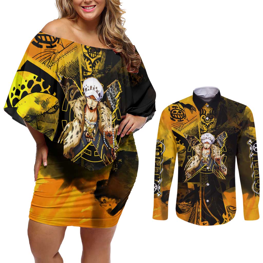 Trafalgar Law One Piece Yellow and Black Theme Couples Matching Off Shoulder Short Dress and Long Sleeve Button Shirt with Jolly Roger Symbol and Manga Panel Design - The Mazicc